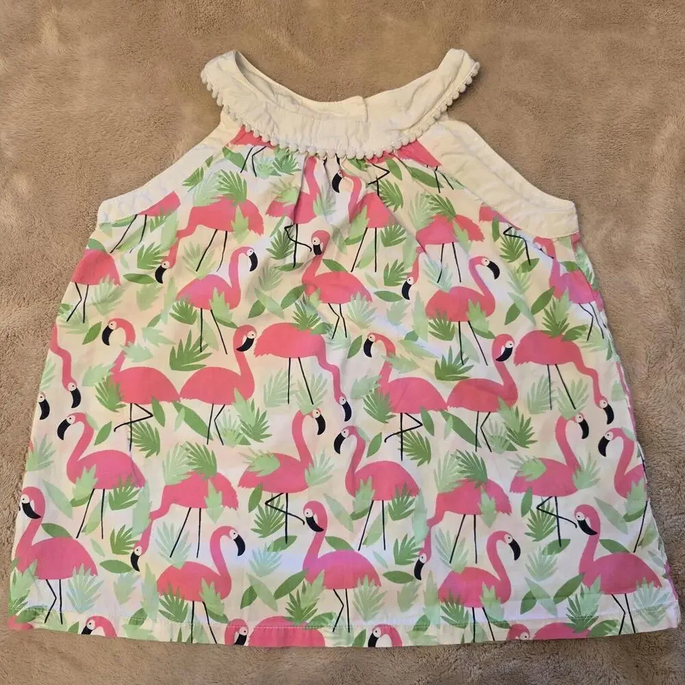 Gymboree Girls White Pink Green Flamingo Printed Blouse Shirt Top Size 6